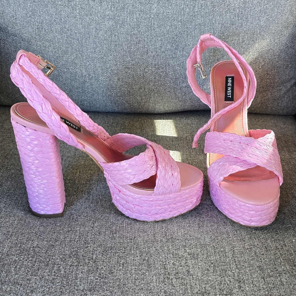 Funky Bright Hot Pink Platform High Heels Sandals Shoes, Straw Or Wicker Like